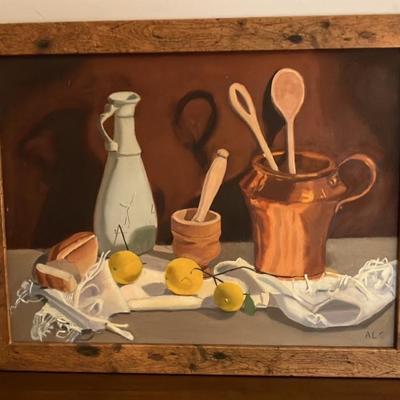 Oil Painting of Rustic Harvest Still Life: Lemons, Bread, and Copper Glow (Mid-20th Century Oil)