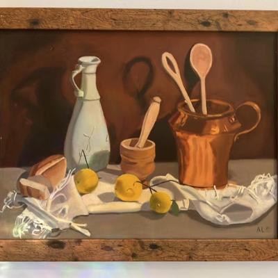 Oil Painting of Rustic Harvest Still Life: Lemons, Bread, and Copper Glow (Mid-20th Century Oil)