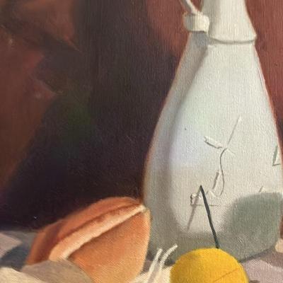Oil Painting of Rustic Harvest Still Life: Lemons, Bread, and Copper Glow (Mid-20th Century Oil)