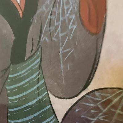 Antique Watercolor Japanese Ukiyo-e Sumi-e Painting: Elegant Geisha with Incense Burner – Utagawa Kuniyoshi School, Framed in Rosewood