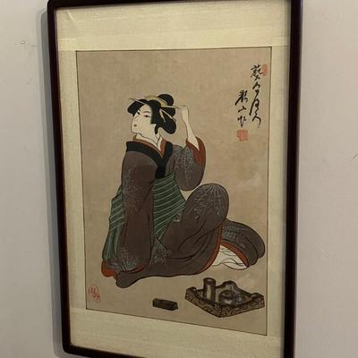 Antique Watercolor Japanese Ukiyo-e Sumi-e Painting: Elegant Geisha with Incense Burner – Utagawa Kuniyoshi School, Framed in Rosewood