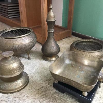 Handcarved Indian Brass Incense Pots, Bells, Vase and Prayer Offering Dish