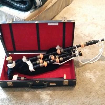 Vintage Imported Scottish Bagpipes with Leather & Brass case