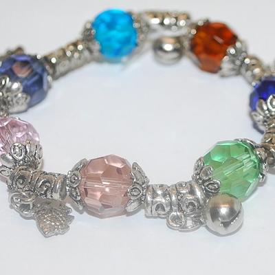 Multicolor Elastic CHARMS BRACELET (2" to 4" Opening) with Stars, Fish, Bells and Butterfly Dangles and Bead Caps