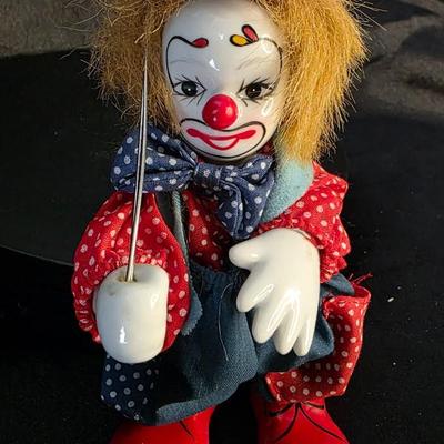 Vintage Porcelain Clown Doll with Colorful Outfit and Balloons – Whimsical Collector’s Treasure