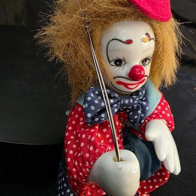 Vintage Porcelain Clown Doll with Colorful Outfit and Balloons – Whimsical Collector’s Treasure