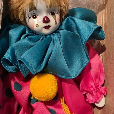Vintage Porcelain Clown Doll in Pink and Blue Polka Dots – Hand-Painted Collectible