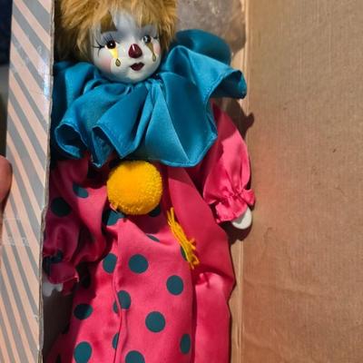 Vintage Porcelain Clown Doll in Pink and Blue Polka Dots – Hand-Painted Collectible