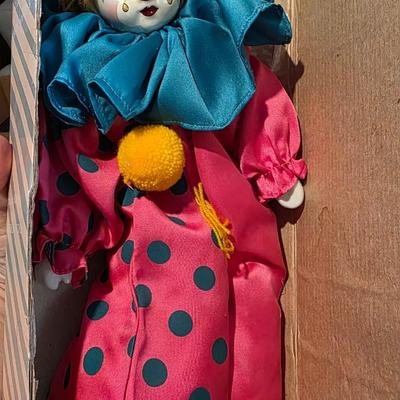 Vintage Porcelain Clown Doll in Pink and Blue Polka Dots – Hand-Painted Collectible