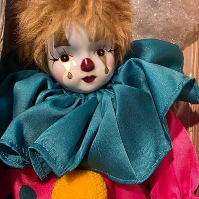 Vintage Porcelain Clown Doll in Pink and Blue Polka Dots – Hand-Painted Collectible