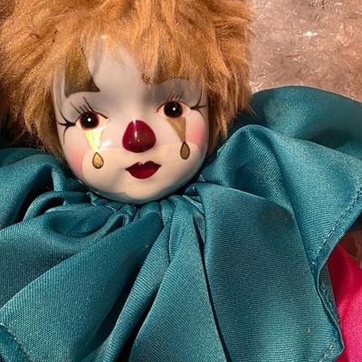 Vintage Porcelain Clown Doll in Pink and Blue Polka Dots – Hand-Painted Collectible