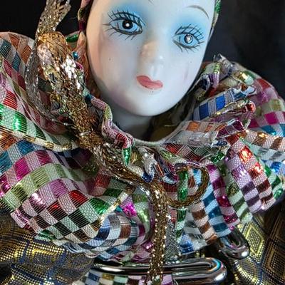 Vintage Porcelain Harlequin Jester Clown Doll with Gold Diamond Costume – Collectible Display Figure