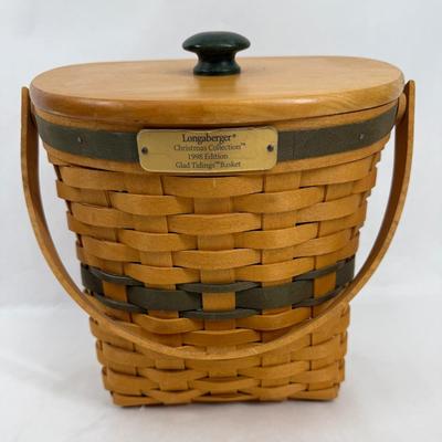 Vintage Longaberger 1998 Christmas Collection Glad Tidings Basket with wooden lid and green accent weaving
