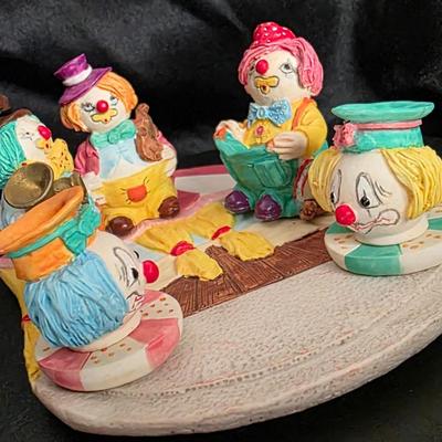Vintage Miniature Clown Musician Tea Set – Five-Piece Circus Band Display with Original Box