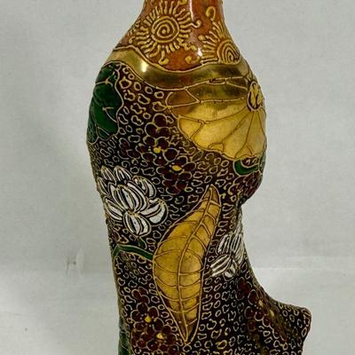 Sale Photo Thumbnail #141: Buddhist figurine of Guanyin, also known as Kannon in Japan. Satsuma ware is a type of Japanese earthenware known for its detailed, hand-painted designs and often features raised gold accents, known as moriage.  Some visible crazing on the face and chest,