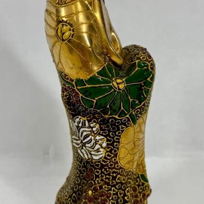 Sale Photo Thumbnail #142: Buddhist figurine of Guanyin, also known as Kannon in Japan. Satsuma ware is a type of Japanese earthenware known for its detailed, hand-painted designs and often features raised gold accents, known as moriage.  Some visible crazing on the face and chest,