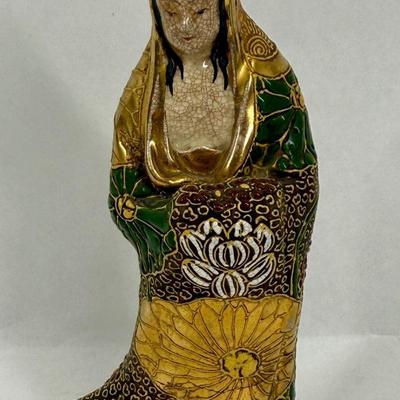 Sale Photo Thumbnail #143: Buddhist figurine of Guanyin, also known as Kannon in Japan. Satsuma ware is a type of Japanese earthenware known for its detailed, hand-painted designs and often features raised gold accents, known as moriage.  Some visible crazing on the face and chest,