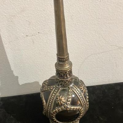 Exquisite Antique Victorian Cobalt Blue Glass Perfume Bottle with Ornate Brass Crown Cap – 8.5" Tall Vanity Treasure