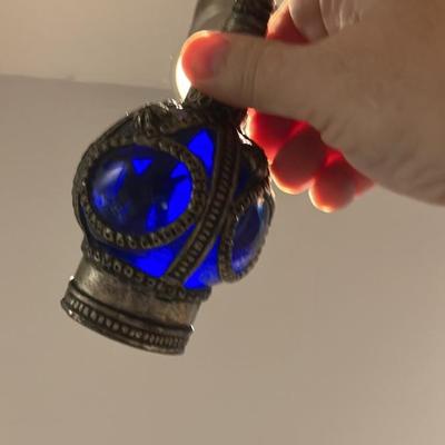 Exquisite Antique Victorian Cobalt Blue Glass Perfume Bottle with Ornate Brass Crown Cap – 8.5" Tall Vanity Treasure