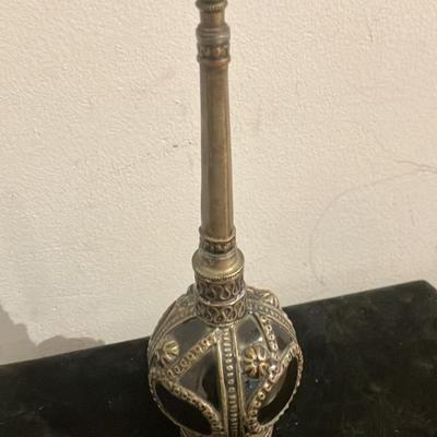 Exquisite Antique Victorian Cobalt Blue Glass Perfume Bottle with Ornate Brass Crown Cap – 8.5" Tall Vanity Treasure