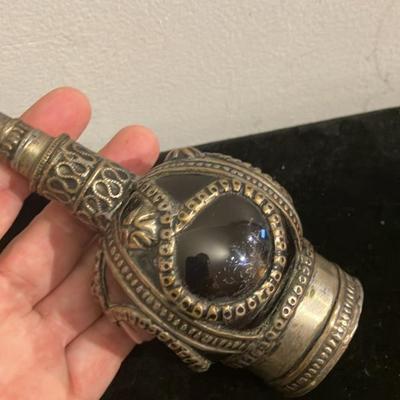 Exquisite Antique Victorian Cobalt Blue Glass Perfume Bottle with Ornate Brass Crown Cap – 8.5" Tall Vanity Treasure