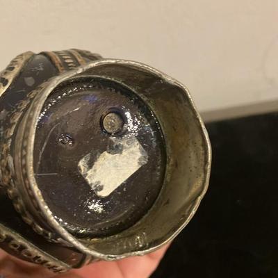 Exquisite Antique Victorian Cobalt Blue Glass Perfume Bottle with Ornate Brass Crown Cap – 8.5" Tall Vanity Treasure