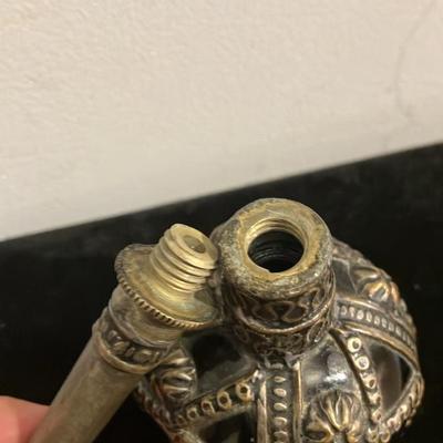 Exquisite Antique Victorian Cobalt Blue Glass Perfume Bottle with Ornate Brass Crown Cap – 8.5" Tall Vanity Treasure