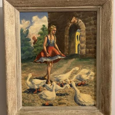 Douglas Stewart Oil Painting: Girl Feeding Geese with Hidden Observer 21” x 25”