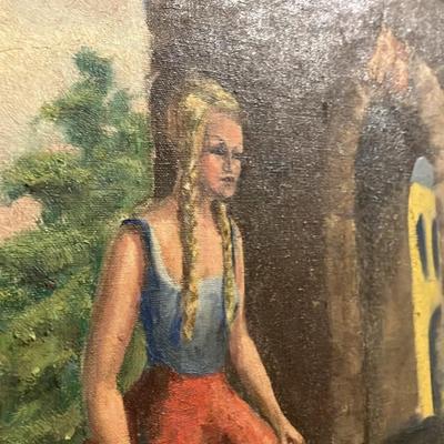 Douglas Stewart Oil Painting: Girl Feeding Geese with Hidden Observer 21” x 25”