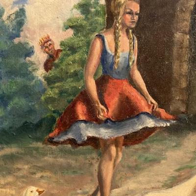 Douglas Stewart Oil Painting: Girl Feeding Geese with Hidden Observer 21” x 25”