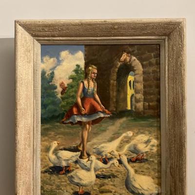 Douglas Stewart Oil Painting: Girl Feeding Geese with Hidden Observer 21” x 25”
