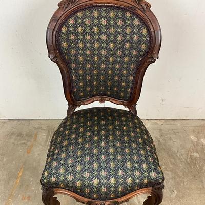 Sale Photo Thumbnail #1818: Very good condition 
upholstery is clean and free of spots or stains 
carving is in good condition 
measures 40.5" high x 19" wide x 18" deep x 18" seat height 
front less have castors
