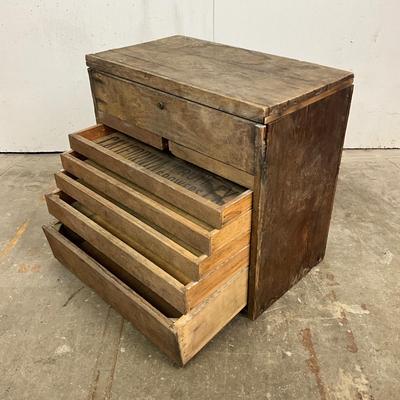 Sale Photo Thumbnail #1831: made from vegetable or fruit crates 
several drawers ( no pulls)
possibly a tackle or tool chest 
measures 18" wide x 10.25" deep x 17" high