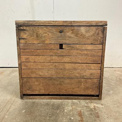 Sale Photo Thumbnail #1828: made from vegetable or fruit crates 
several drawers ( no pulls)
possibly a tackle or tool chest 
measures 18" wide x 10.25" deep x 17" high