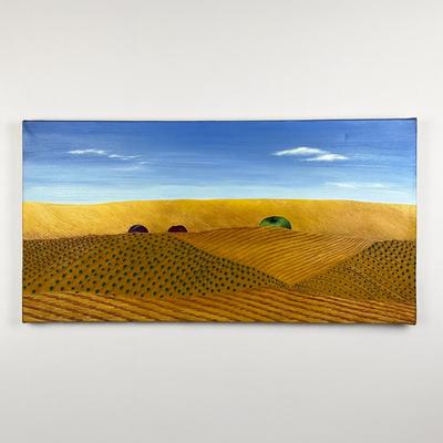 Sale Photo Thumbnail #1834: unframed- canvas measurements are 18" high x 36" wide 
signed lower right 
good condition