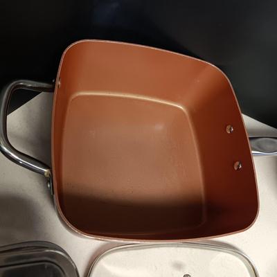 COPPER CHEF SKILLET, SERVING BOWWL AND PLATTER