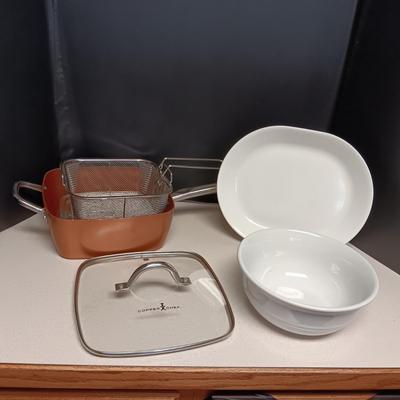 COPPER CHEF SKILLET, SERVING BOWWL AND PLATTER
