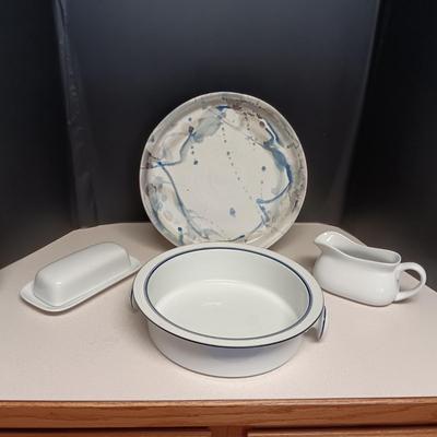 SIGNED CLAY PLATTER, DANSK SERVING BOWL. BUTTER DISH AND GRAVY BOAT
