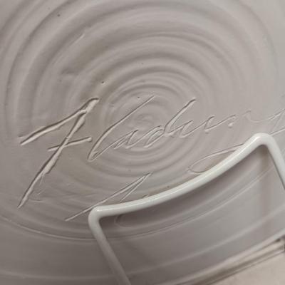 SIGNED CLAY PLATTER, DANSK SERVING BOWL. BUTTER DISH AND GRAVY BOAT