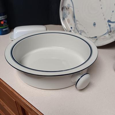 SIGNED CLAY PLATTER, DANSK SERVING BOWL. BUTTER DISH AND GRAVY BOAT