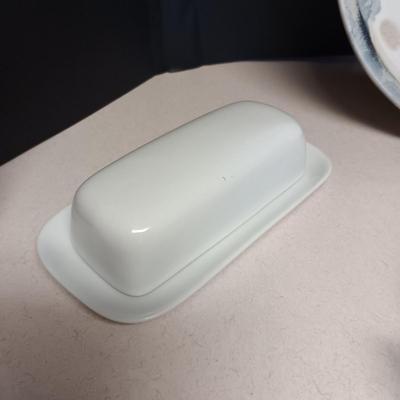 SIGNED CLAY PLATTER, DANSK SERVING BOWL. BUTTER DISH AND GRAVY BOAT