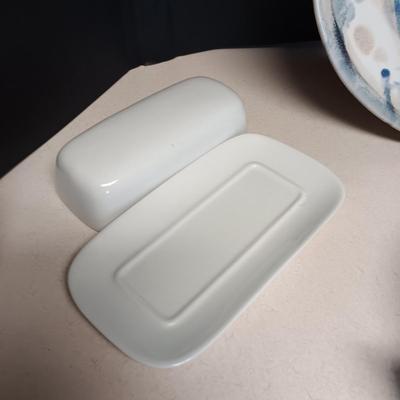 SIGNED CLAY PLATTER, DANSK SERVING BOWL. BUTTER DISH AND GRAVY BOAT