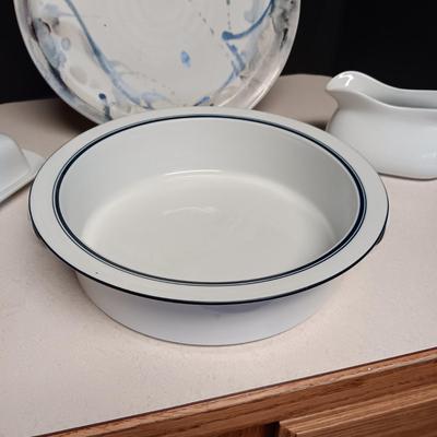 SIGNED CLAY PLATTER, DANSK SERVING BOWL. BUTTER DISH AND GRAVY BOAT