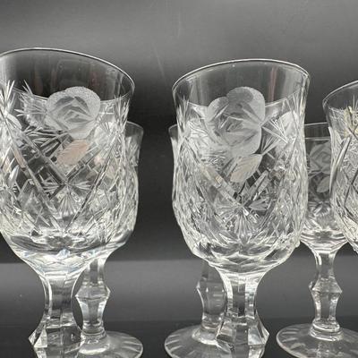 Cut Crystal Wine Glasses with Etched Rose Design