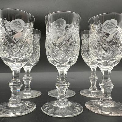 Cut Crystal Wine Glasses with Etched Rose Design