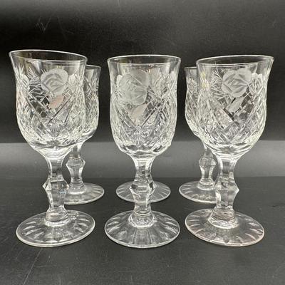 Cut Crystal Wine Glasses with Etched Rose Design