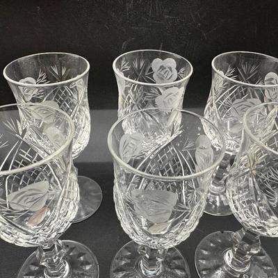 Cut Crystal Wine Glasses with Etched Rose Design