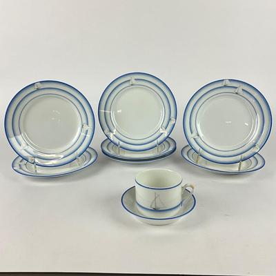 Sale Photo Thumbnail #1874: made in italy , rare hard to find Salad and dessert plate set with one cup and saucer
teacup handle has been repaired 
marked on back total of 7 plates