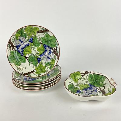 Sale Photo Thumbnail #1882: handled leaf dish, 5 plates measuring 8.25" diameter, and one handled bowl 
all very good condition