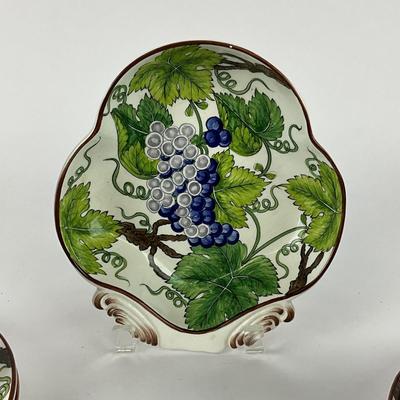 Sale Photo Thumbnail #1880: handled leaf dish, 5 plates measuring 8.25" diameter, and one handled bowl 
all very good condition